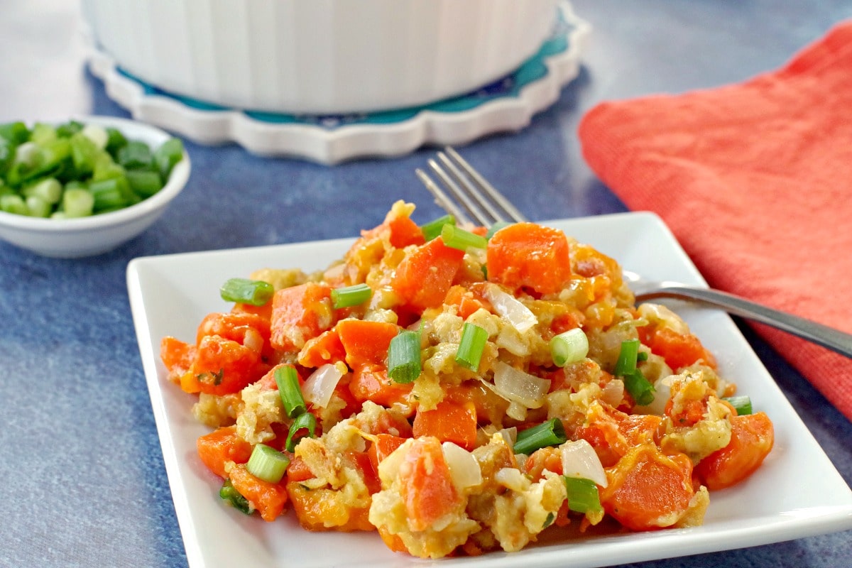 carrot casserole on a white plate