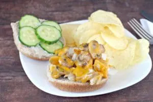 chicken breast sandwich on plate with chicken and mushrooms on one side and cucumber on other side of bun