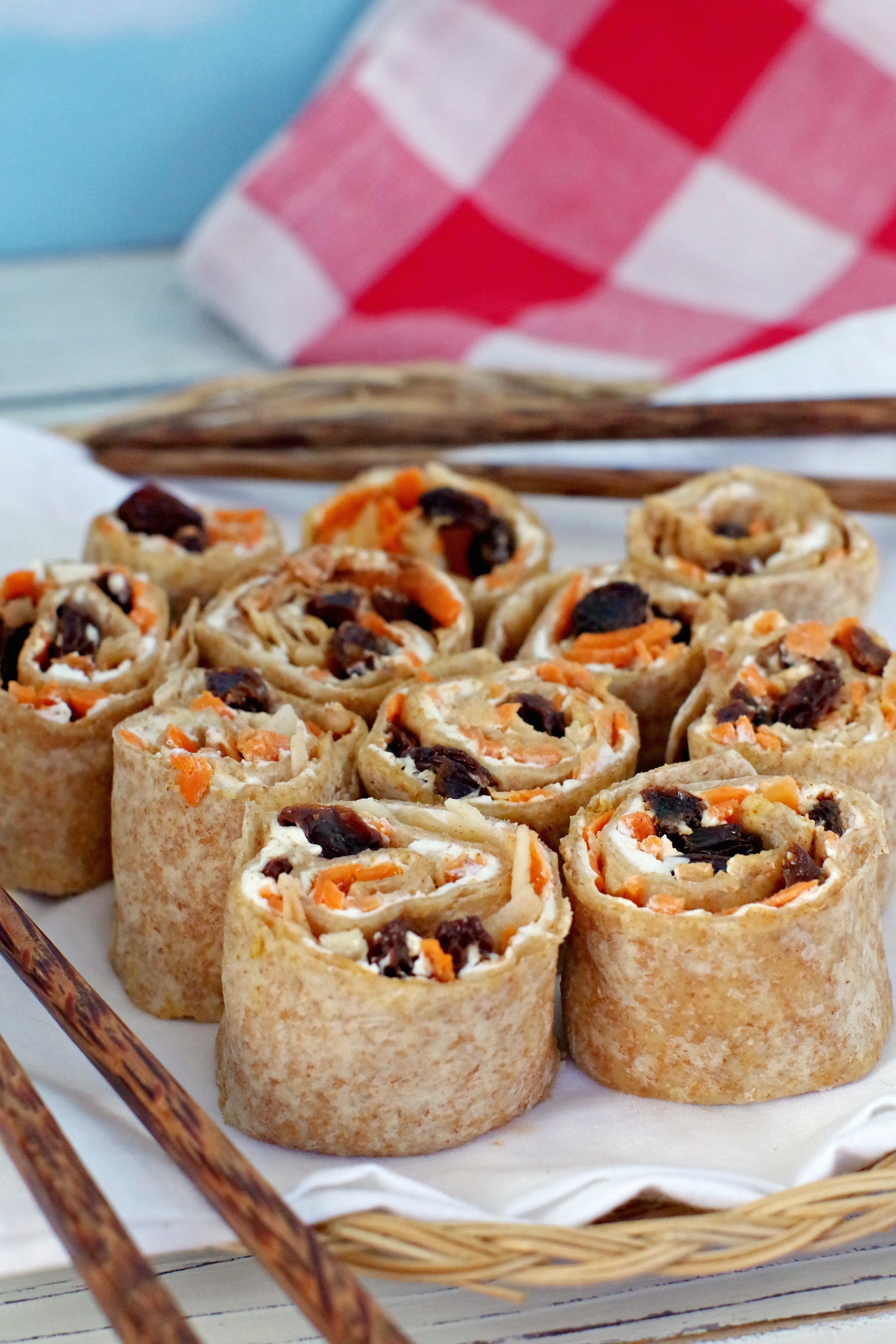 raisin sushi with chopsticks