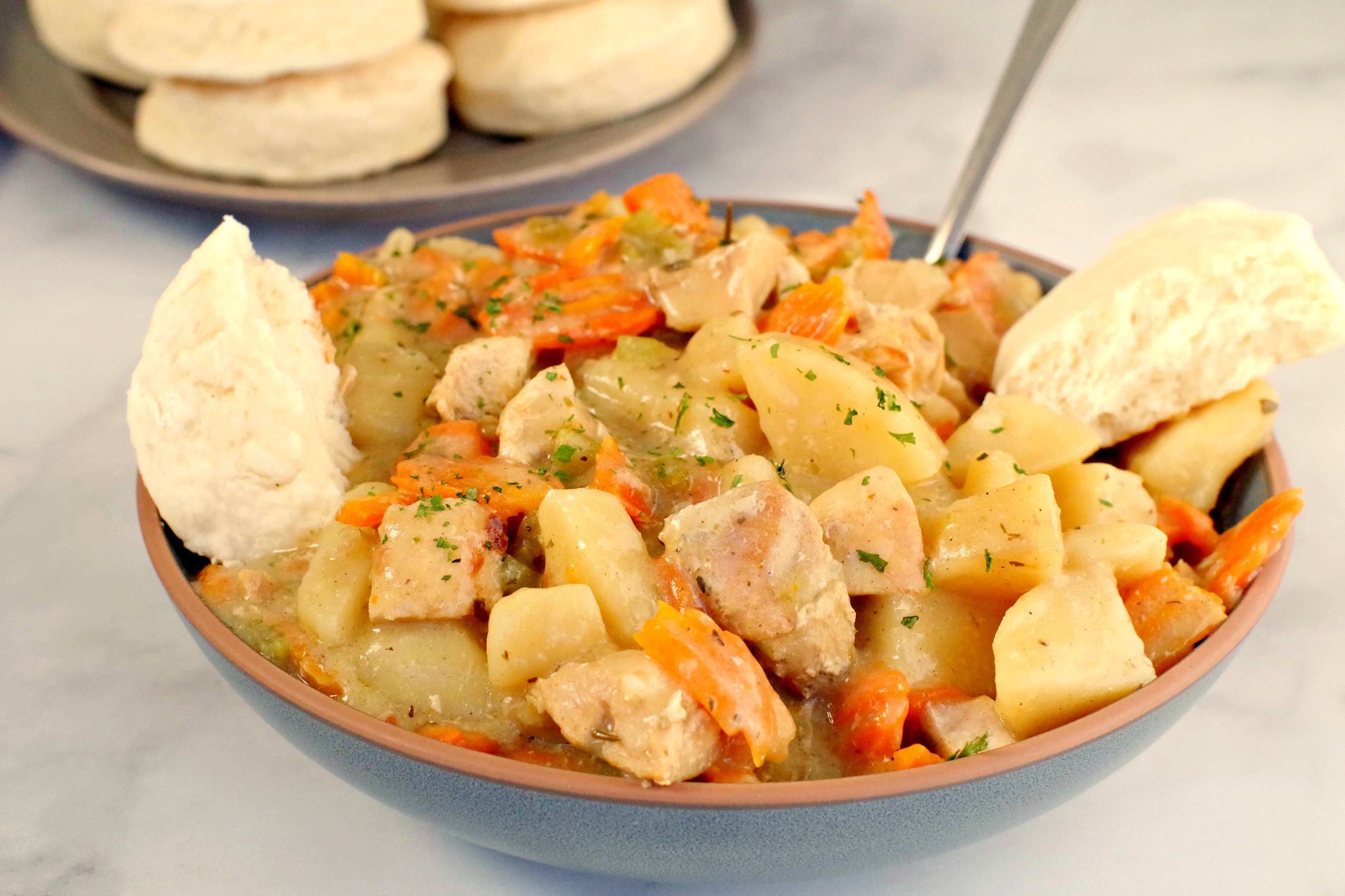 chicken stew in blue bowl