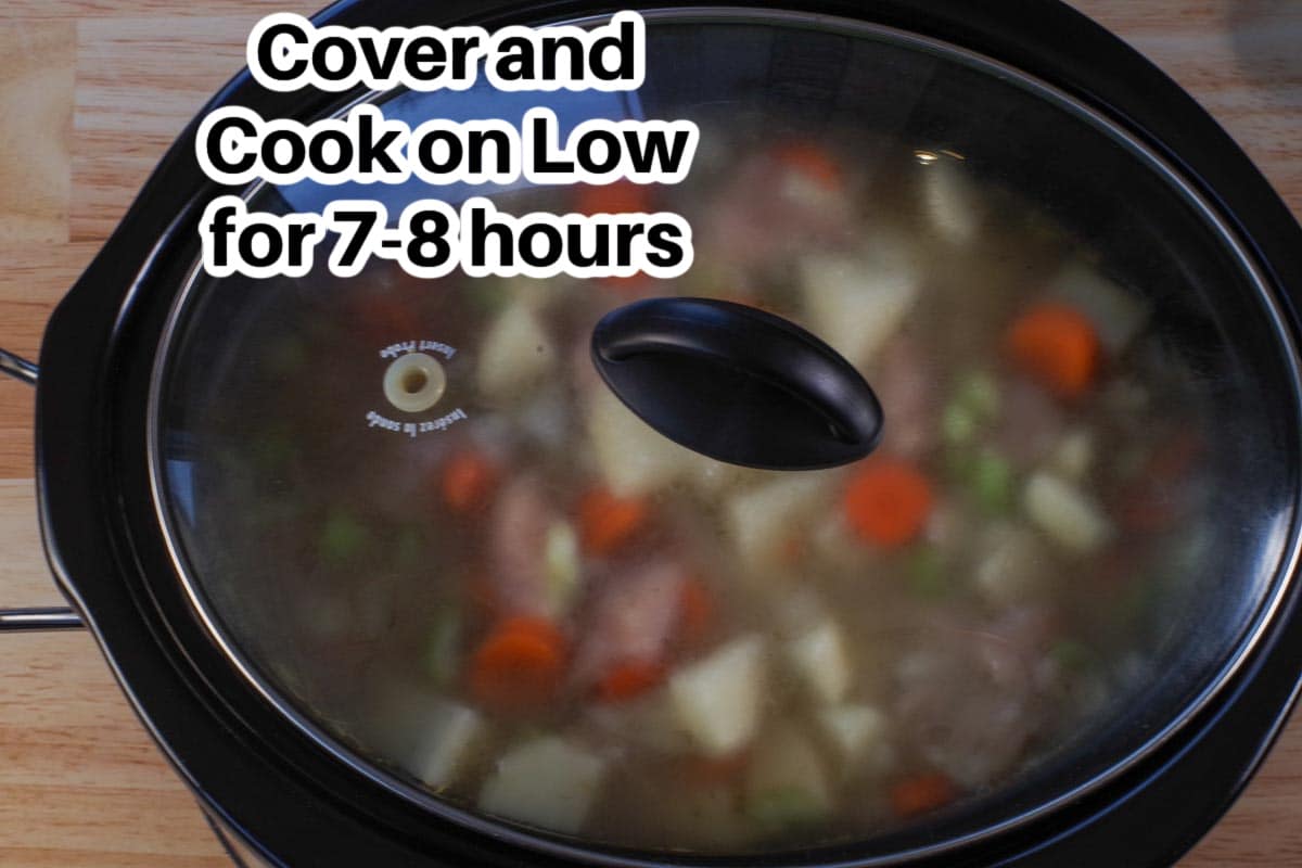 slow cooker chicken stew in crockpot with lid and text on the image