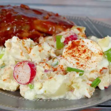 potato salad on plate with ribs