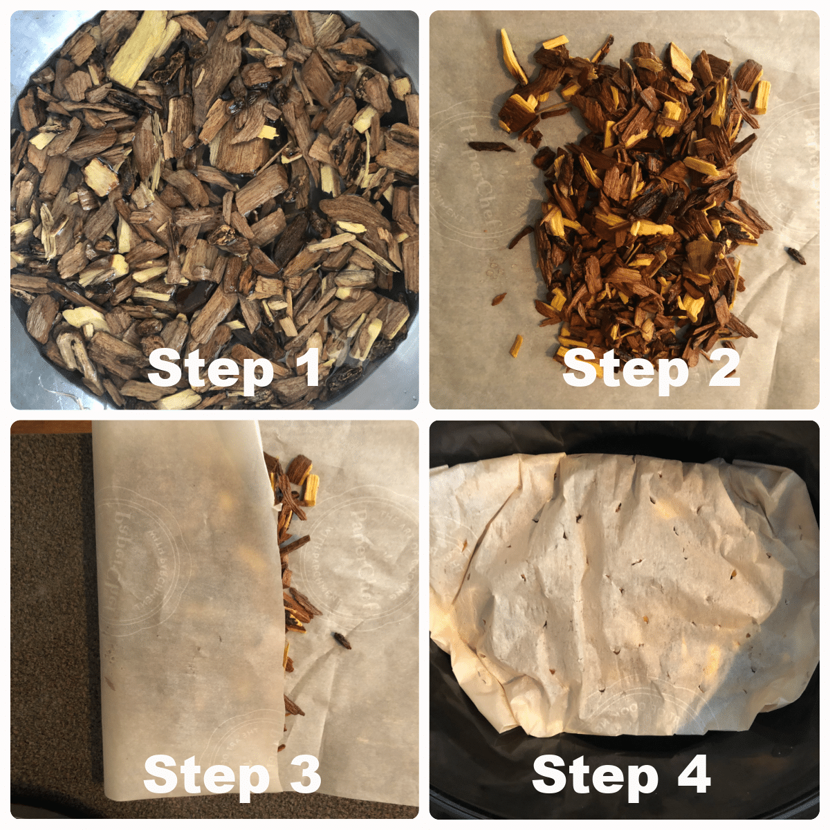 shows photos of 4 steps to making a wood chip packet for the slow cooker