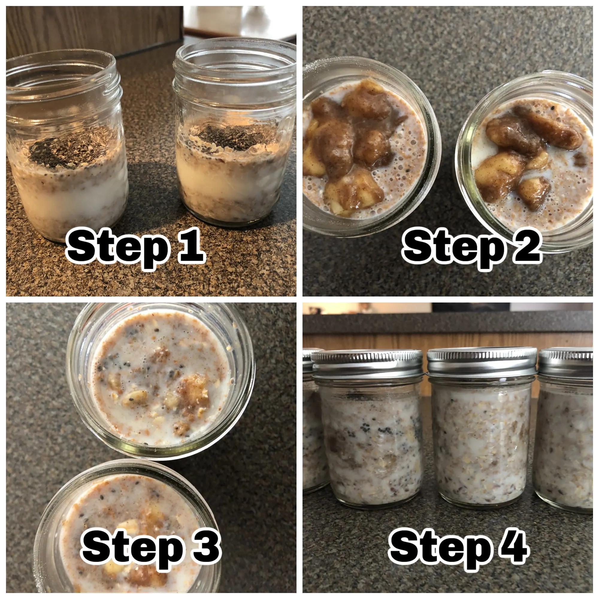 collage of 4 photos showing how to make ww bananas foster overnight oats