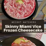 collage of 2 photos of miami vice cheese (whole cake on top and piece on the bottom)