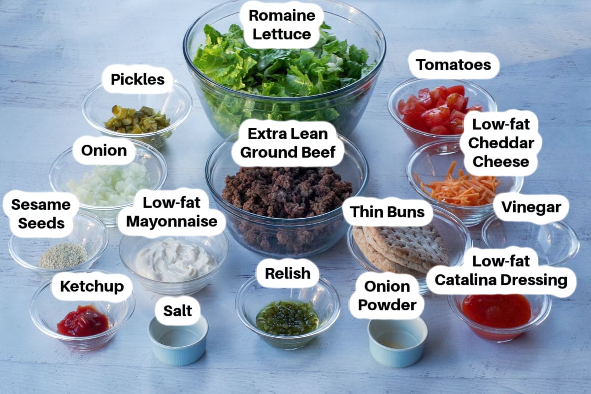 Ingredients in Weight Watchers Big Mac salad in glass bowls, labelled.