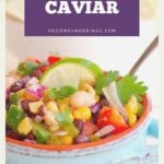 pin with text and photo of cowboy caviar in a blue bowl with tortilla chips in the background