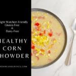 pin with text and photos of a bowl of corn soup