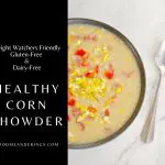 pin with text and photos of a bowl of corn soup