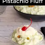pistachio fluff in a glass bowl with a larger bowl in the background