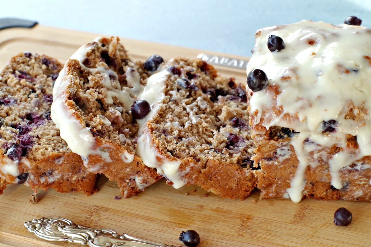 Sliced Saskatoon berry loaf on cutting board
