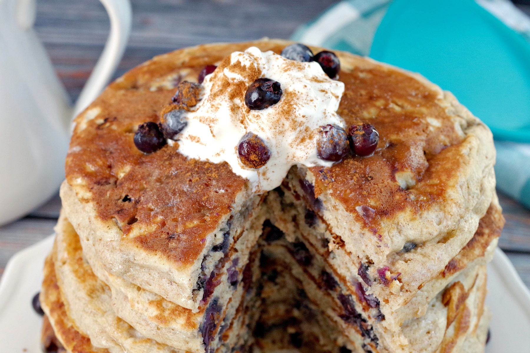 top view of Saskatoon berry pancakes with pancake cut out of the middle