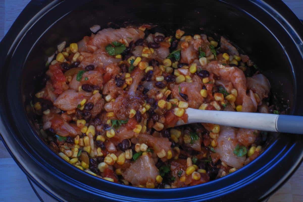 raw ingredients in slow cooker, stirred together