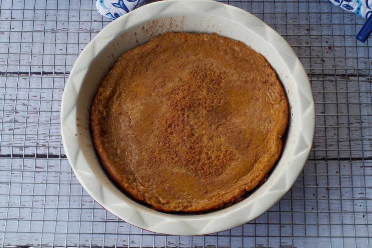 baked crustless pumpkin pie on a wire rack