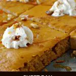 Pinterest pin with text at the bottom and photo of pumpkin spice pancakes on a sheet pan with one pancake missing and pumpkin in background