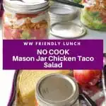 pinterest pin collage of 2 photos of WW chicken taco salad, with white text on purple background in the middle