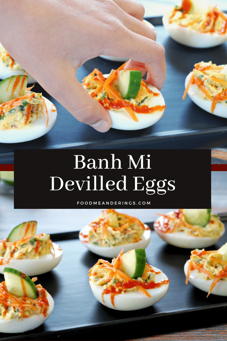 pinterest pin with text in the middle and 2 photo collage of banh mi devilled eggs