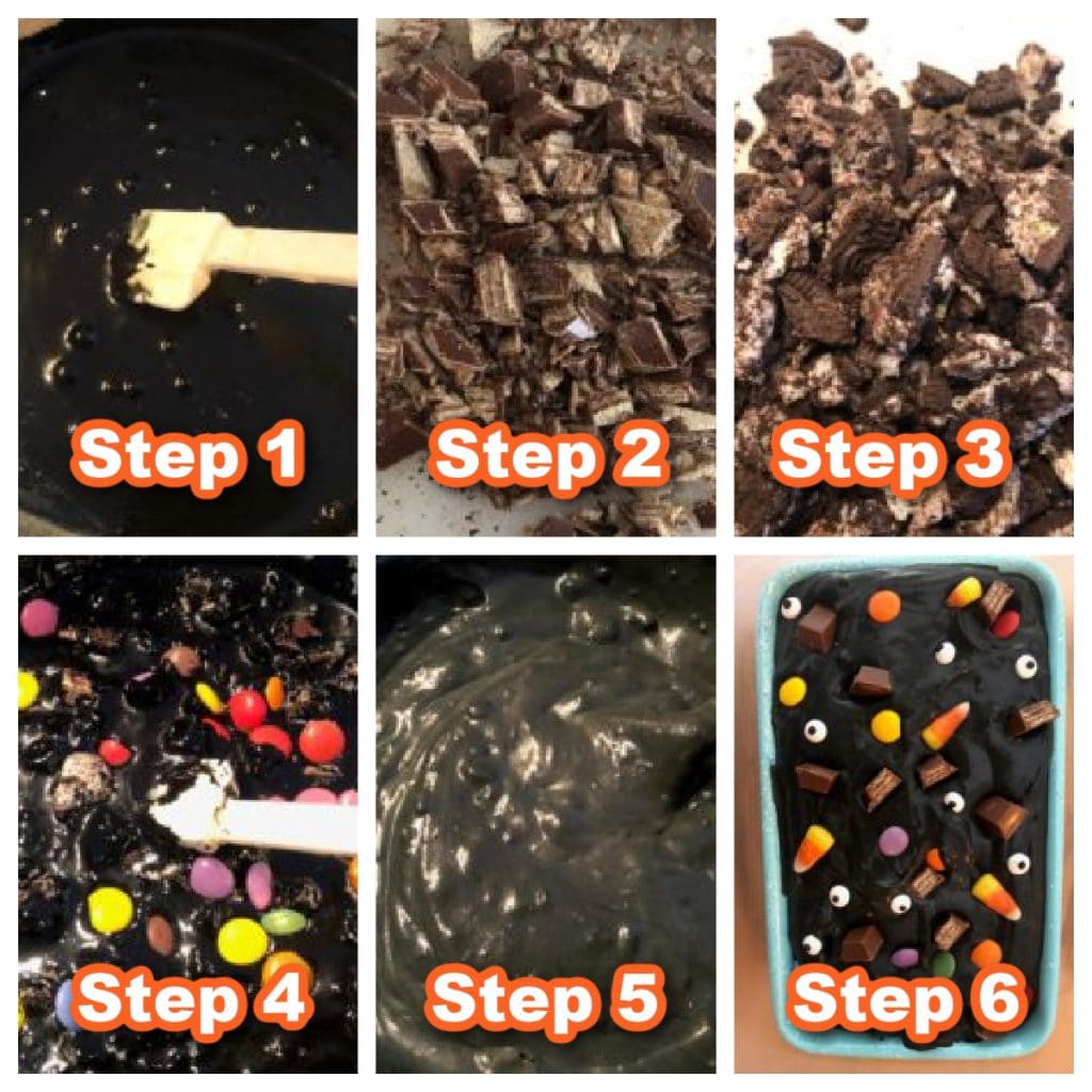 collage of 6 photos of instructions to make Boo Batter Ice Cream