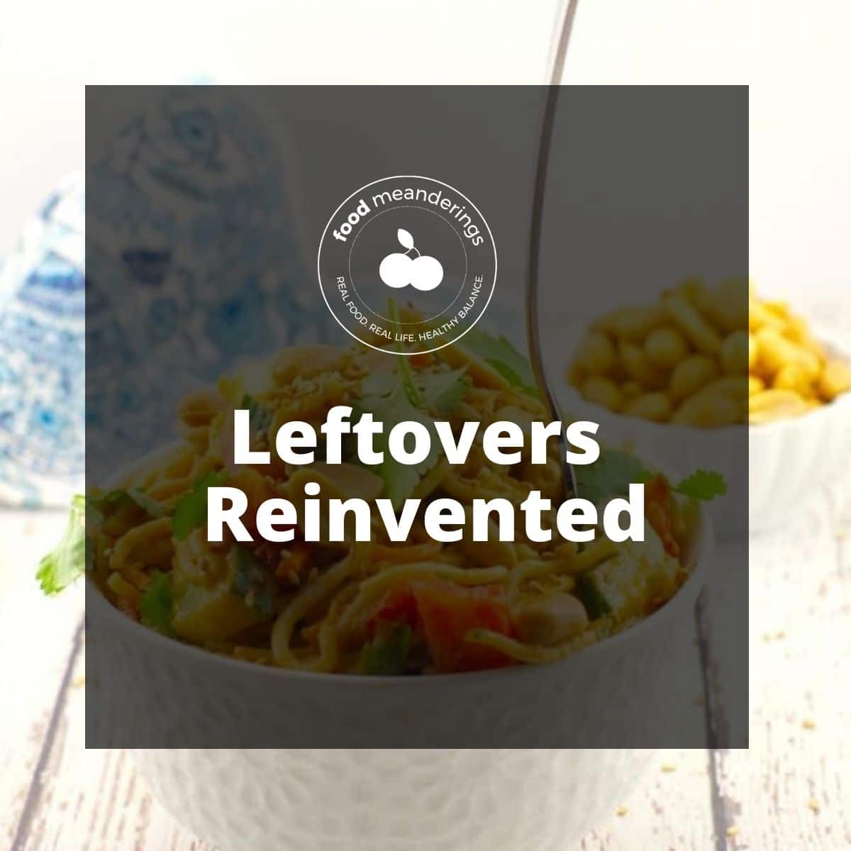 pinterest board cover with white text on black transparent background and photo of noodle salad in background