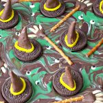 melting witches Halloween Chocolate Bark- edible witch hats and brooms on melted witch puddles