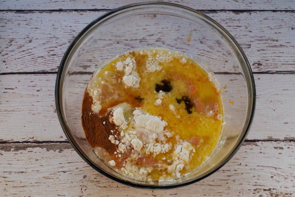 Sweet potato filling ingredients in a large glass bowl.