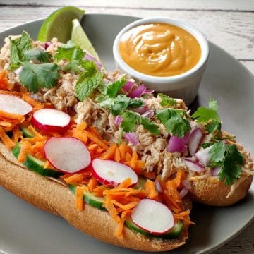 open chicken banh mi vietnamese sub on a greenish grey plate with lime garnish and small white dish of sriracha mayonnaise