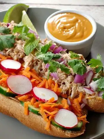 open chicken banh mi vietnamese sub on a greenish grey plate with lime garnish and small white dish of sriracha mayonnaise