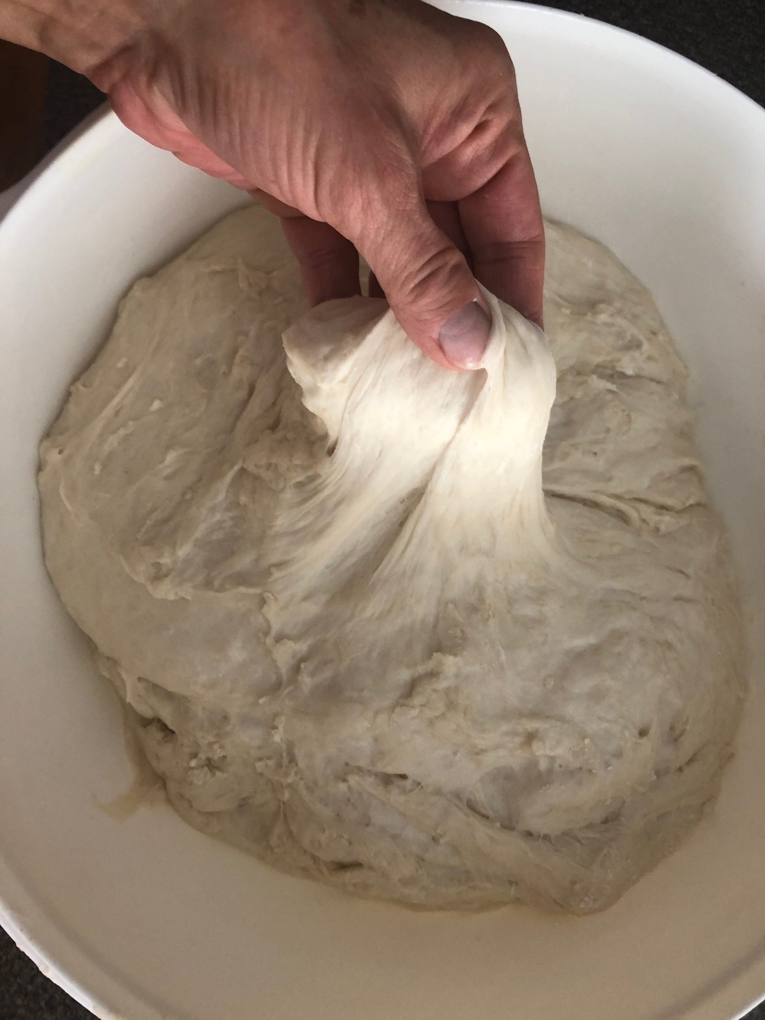 dough in a bowl being pulled up by a hand to show it's soft and spongy