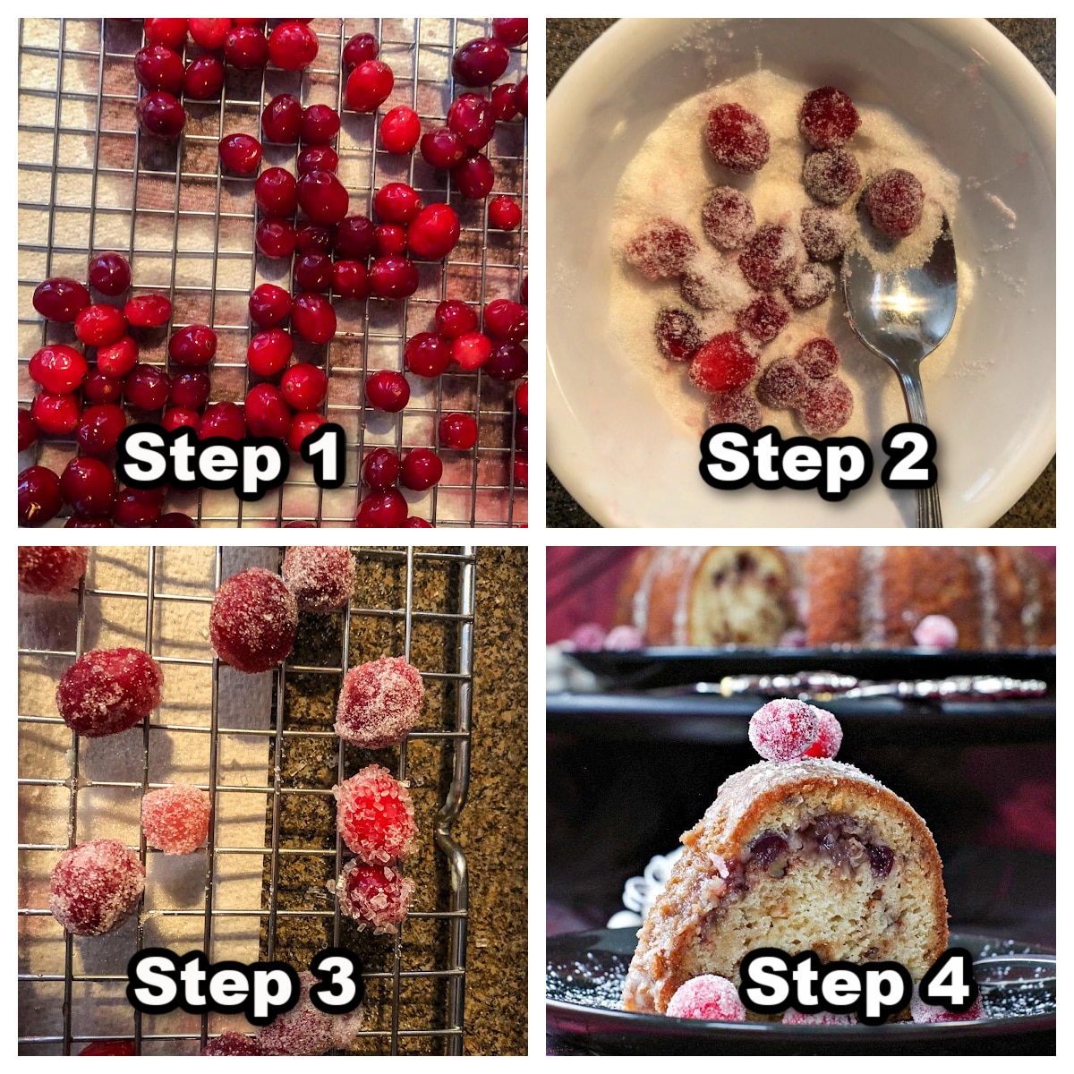 Collage of 4 photos showing how to make candied cranberries