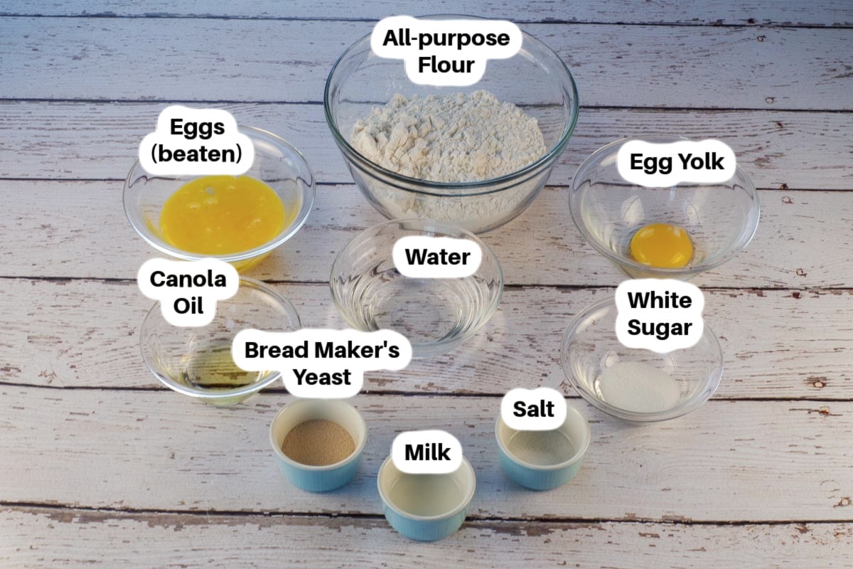 Ingredients in Kolach bread in glass bowls, labelled