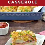 Pinterest pin with text on top and bottom and photo of a slice of Christmas morning casserole on a white plate, on brown wooden surface, with fork on red napkin beside it, salsa in a white dish behind and a blue casserole dish with remaining casserole in it