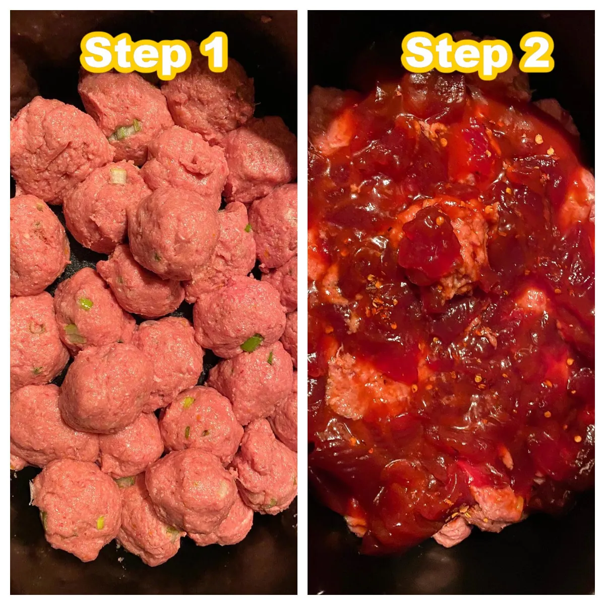 collage of 2 photos showing how to make slow cooker cranberry turkey meatballs