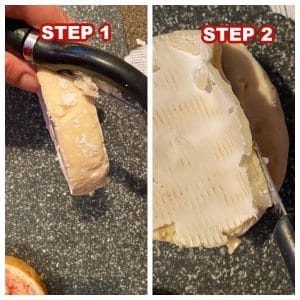 2 photo collage showing how to remove rind from Brie cheese
