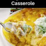 Pinterest Pin with white text on black background on top and bottom and photo of lazy pierogi casserole in a white casserole dish, being scooped out with a spoon, in the middle
