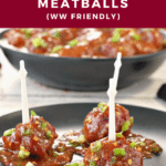 Pinterest pin with white text on cranberry colored background at top and bottom and photo of 3 skewered turkey meatballs on a black plate with a black bowl filled with turkey meatballs in the background