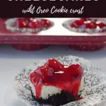 Pinterest pin with white text on brown background on top and bottom and photo of a mini cherry cheesecake on a damask print muffin wrapper, with a red speckled muffin tin ofmini cherry cheesecakes in the background