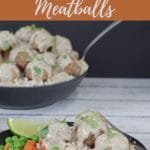 Pinterest Pin with text on top and bottom and photo of Healthy turkey meatballs with sauce on black plate, with veggies and rice and black bowl with turkey meatballs with white sauce in background