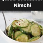 Pinterest pin with white text on black background on top and bottom and photo of cucumber kimchi in white bowl in the middle