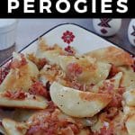 Pinterest pin with white text on black background and photo of cottage cheese and potato perogies in a Ukrainian print dish