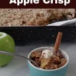 Pinterest pin with white text on dark brown background on top and bottom and photo ofweight watchers apple crisp in a small blue bowl with a cinnamon stick in it and 2 green apples and a spoon in the background
