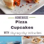 pinterest pin with text in the middle and 3 photos of pizza cups