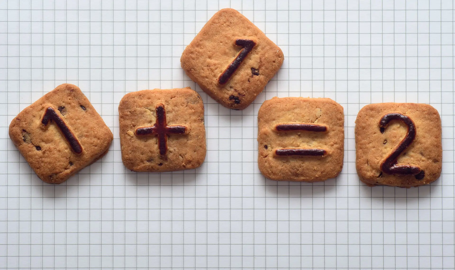 1+1 = 2 written on crackers 