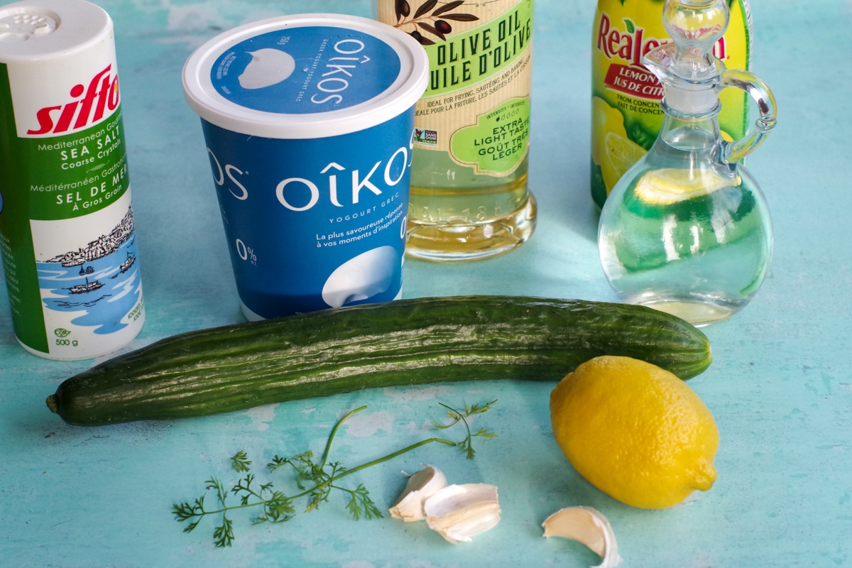 dill, garlic, lemon, lemon juice, vinegar, salt, oil and greek yogurt on aqua blue surface