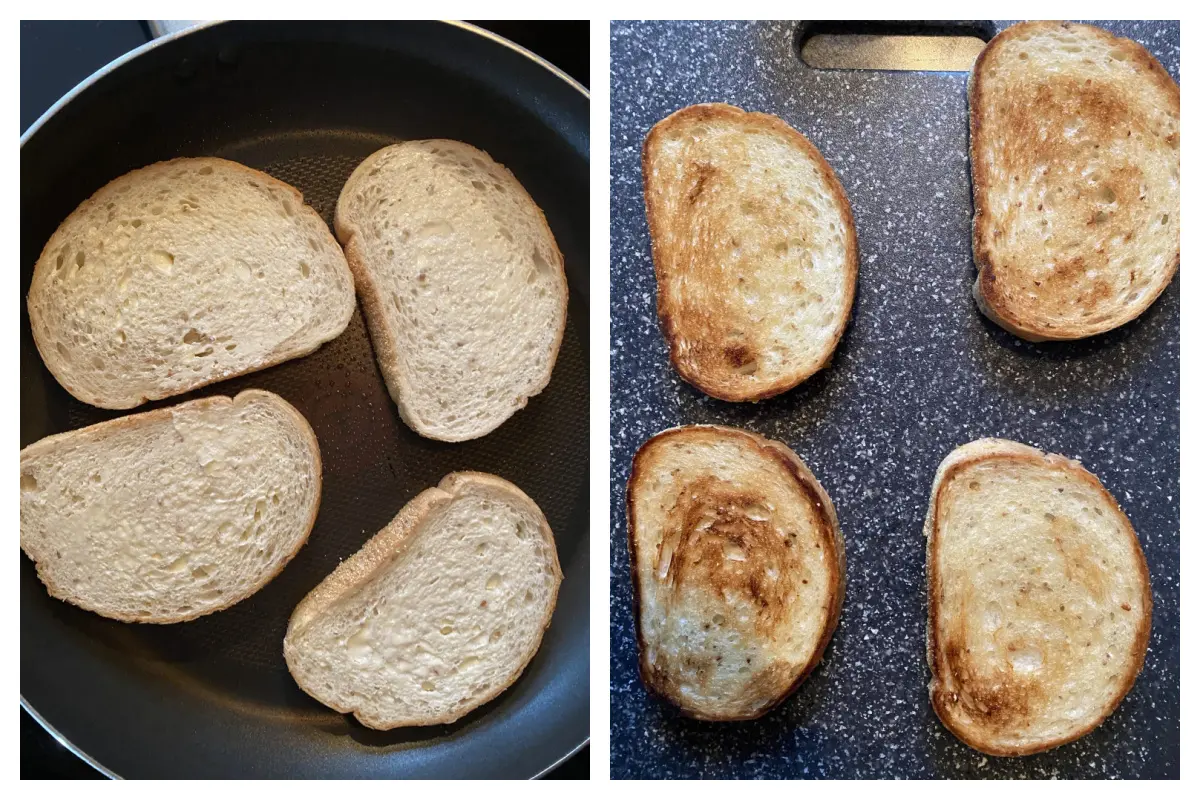 2 photos - 1 with bread added to frying pan and the other with browned bread on cutting board