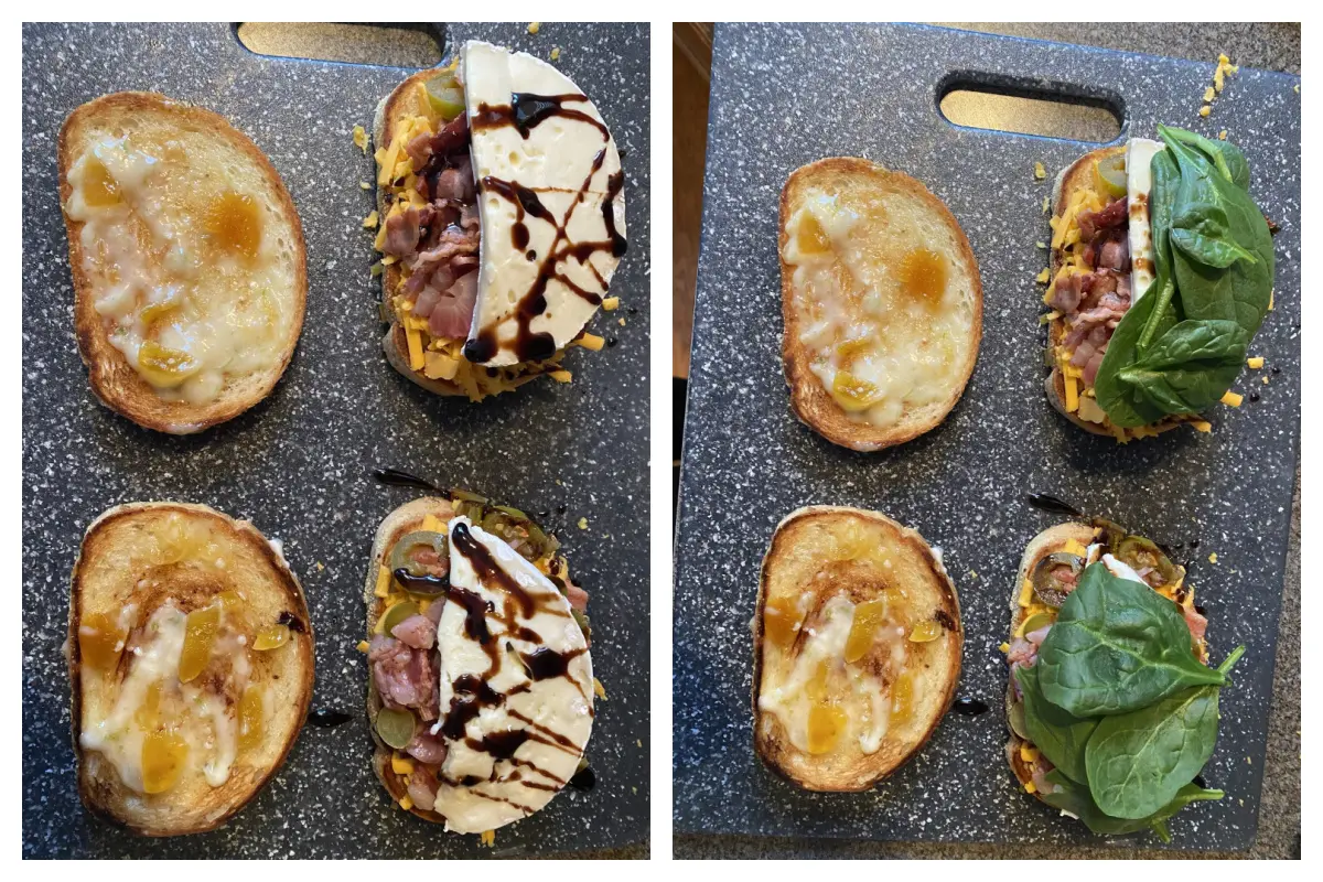 collage with 2 photos - 1 photos has sandwich with spinach and balsamic added, then the next has spinach addeed