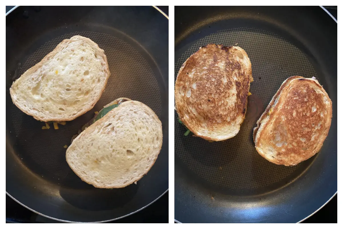 collage with 2 photos - 1 photo is one side of grilled cheese being cooked and the 2nd photo is both sides of the grilled cheese cooked in the frying pan