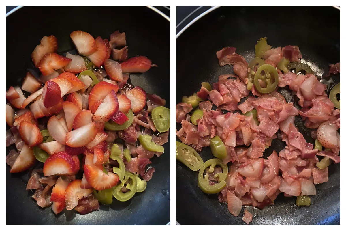 collage of 2 photos with strawberries, jalapenos, bacon and moscato in frying pan (1 raw, 1 cooked)