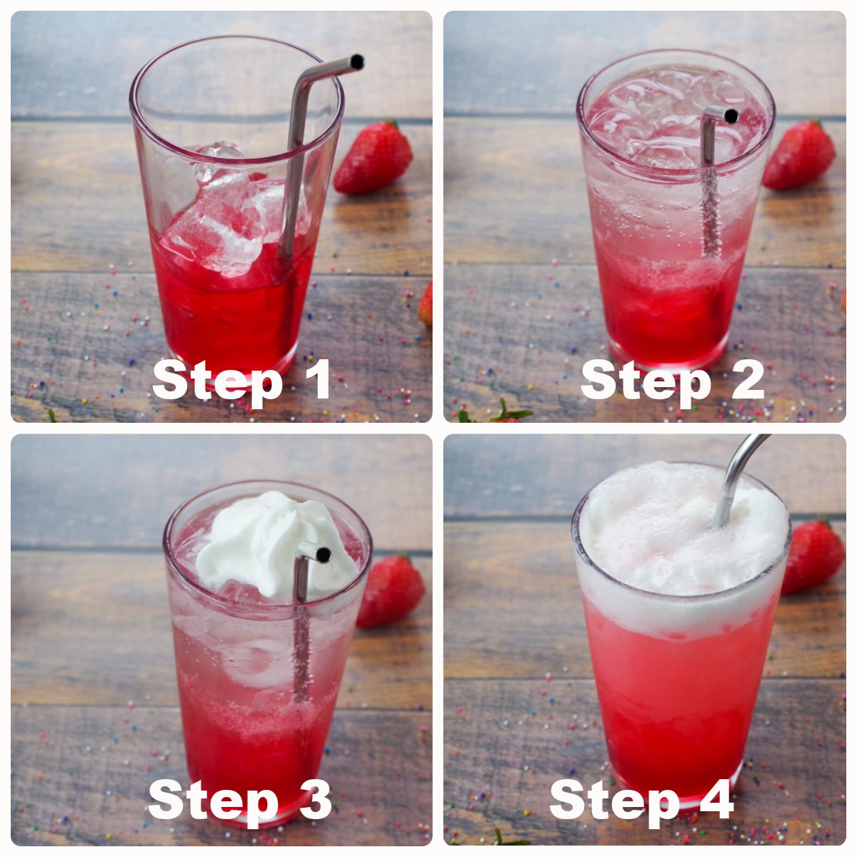 a collage of 4 photos showing how to make Italian soda