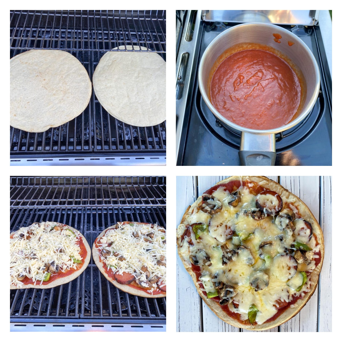 4 photo collage showing how to make pizza on the grill