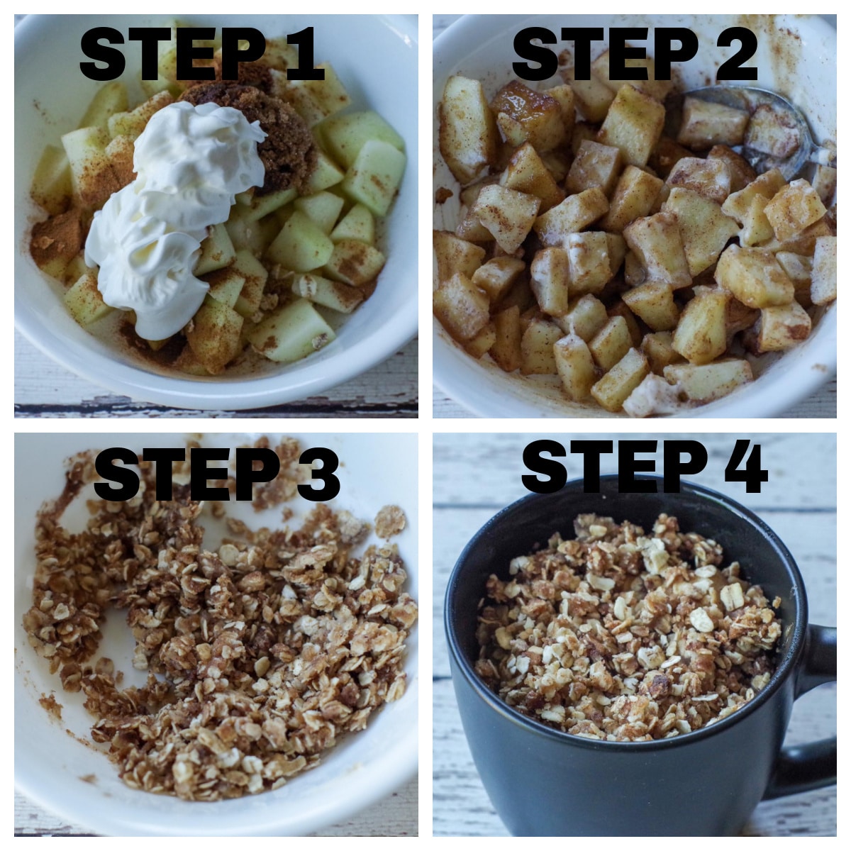 collage of 4 steps of making apple crisp in a mug